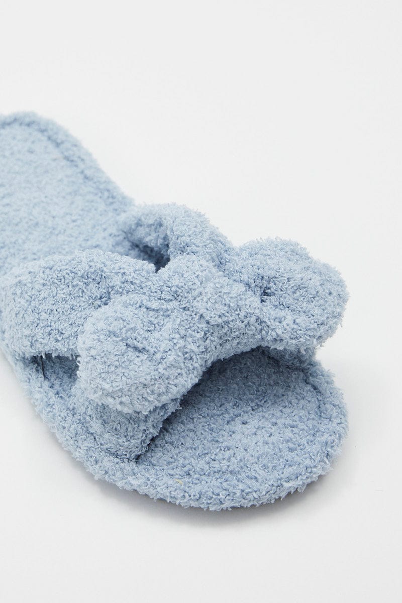 SHOES Blue Fluffy Bow Detail Slippers for Women by Ally