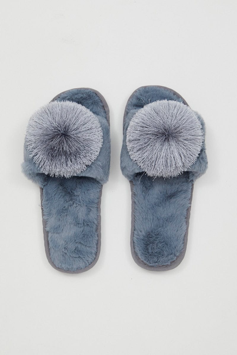 SHOES Blue Plush Pom Pom Detail Mule Slippers for Women by Ally