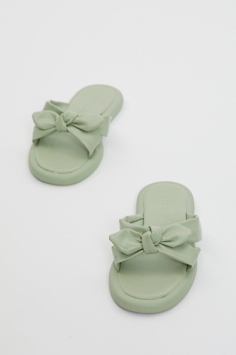 SHOES Green Bow Tie Detail Flat Sliders for Women by Ally
