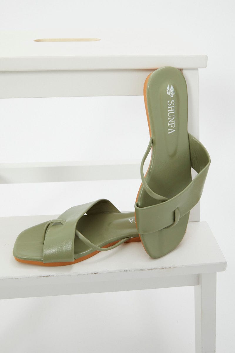 SHOES Green Cross Strap Flat Slides for Women by Ally