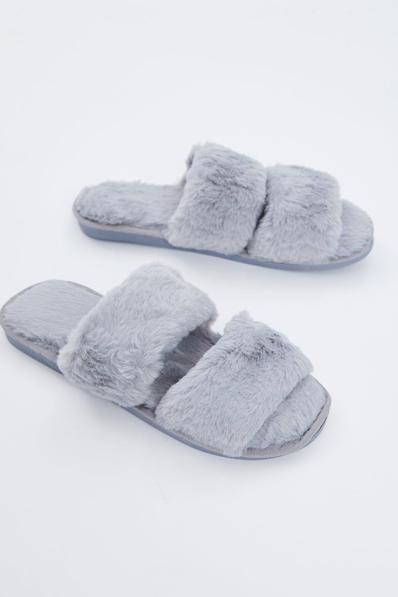 SHOES Grey Faux Fur Fluffy Slides for Women by Ally