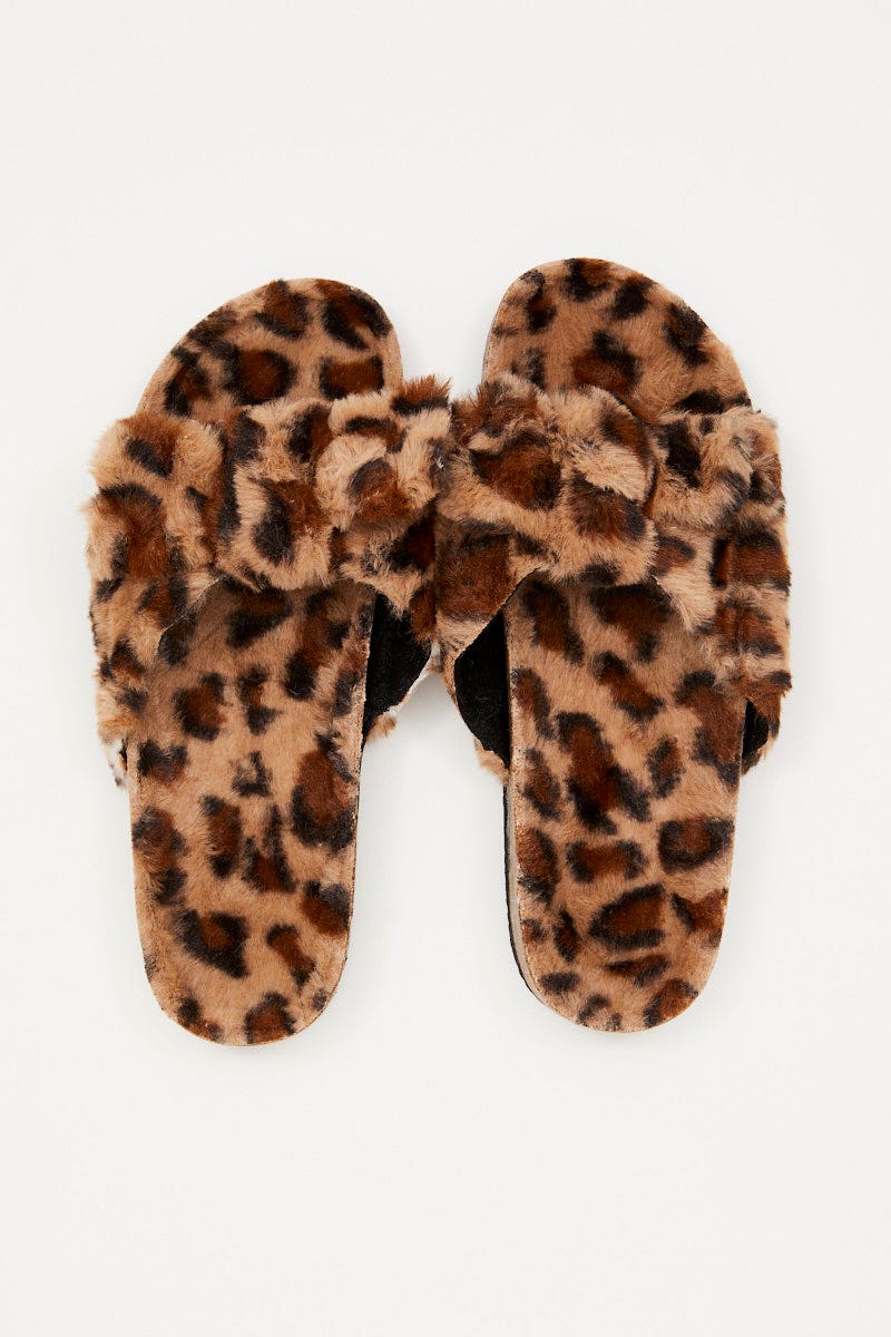 SHOES Print Plush Faux Fur Leopard Bow Detail Slippers for Women by Ally