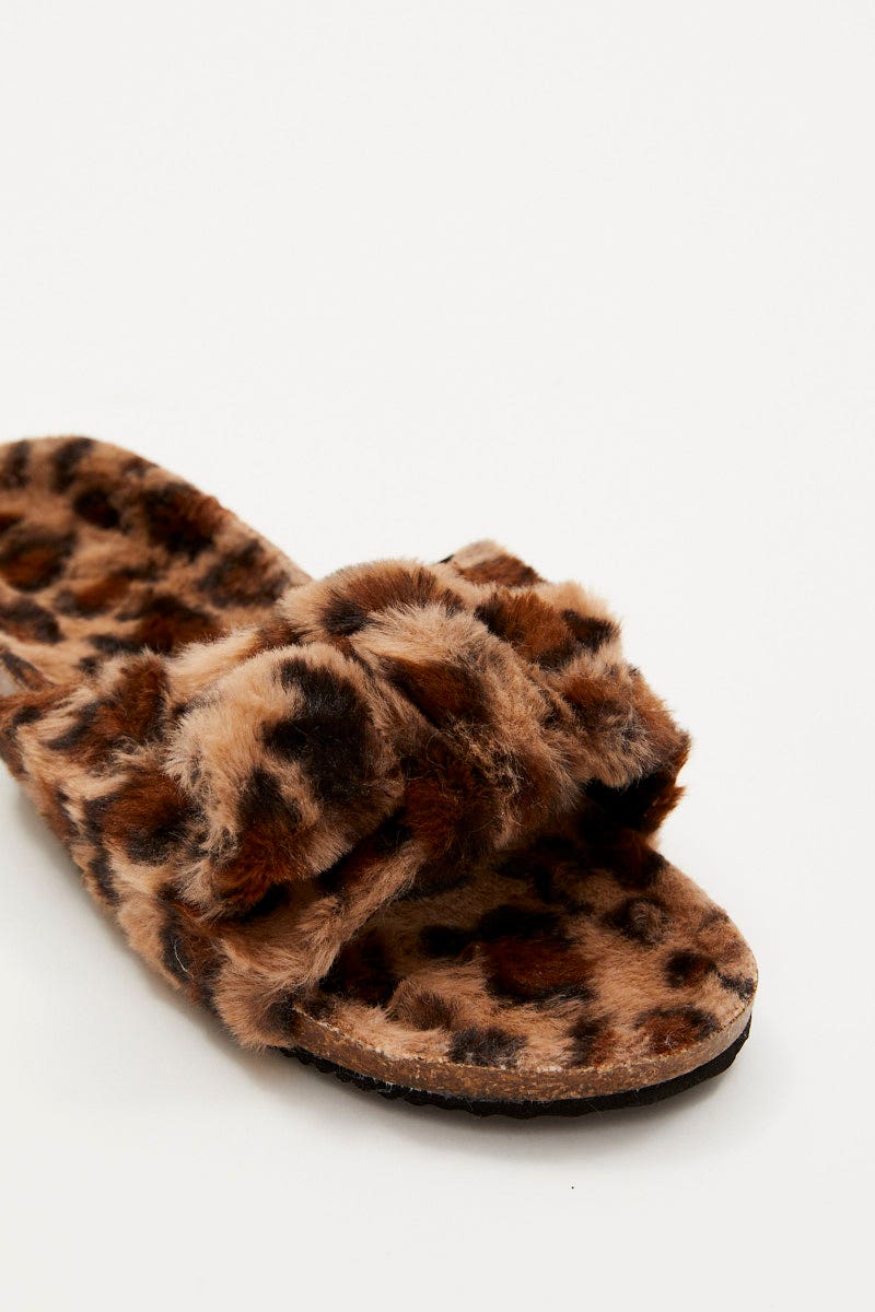 SHOES Print Plush Faux Fur Leopard Bow Detail Slippers for Women by Ally
