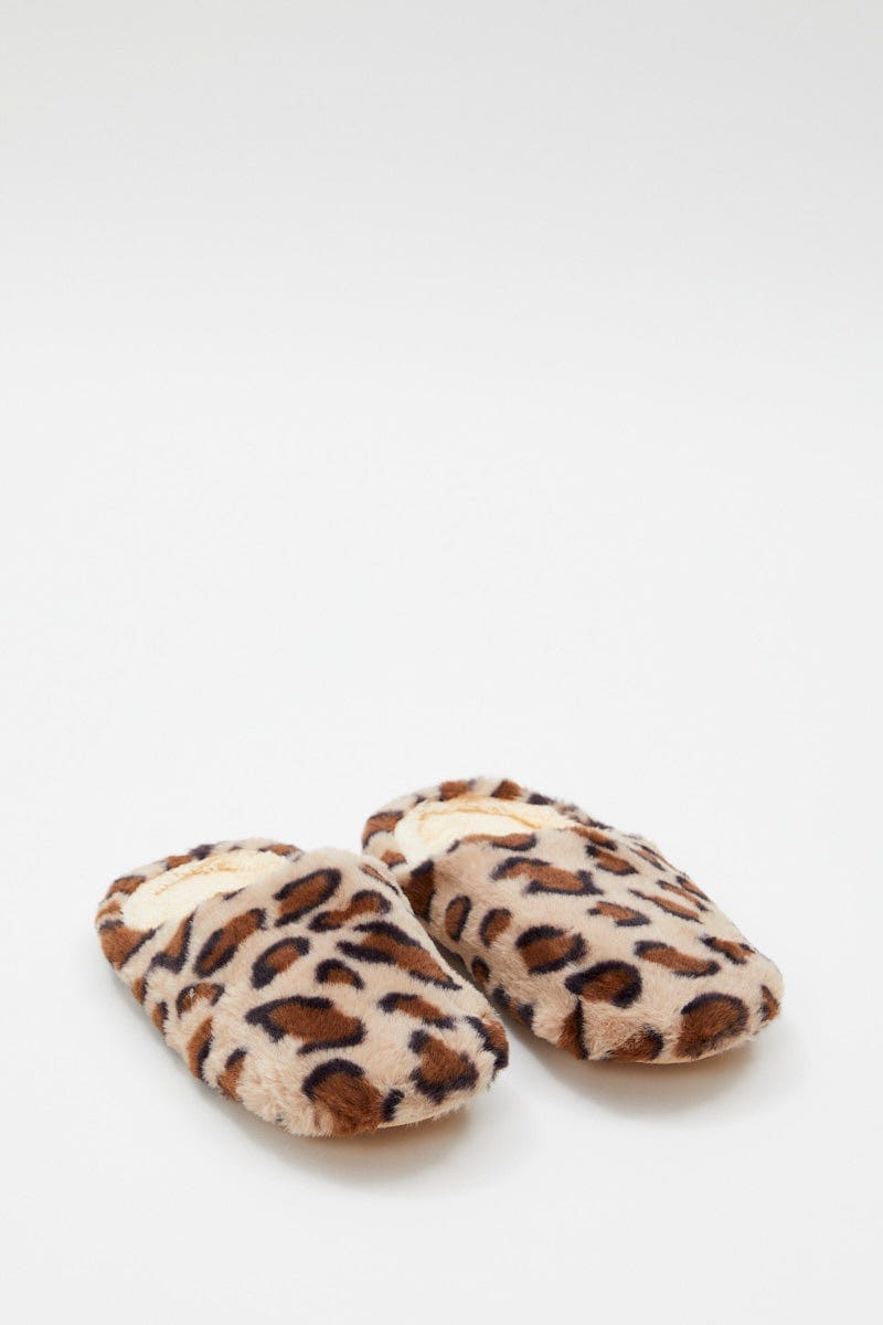 SHOES Print Plush Faux Fur Leopard Mule Slippers for Women by Ally