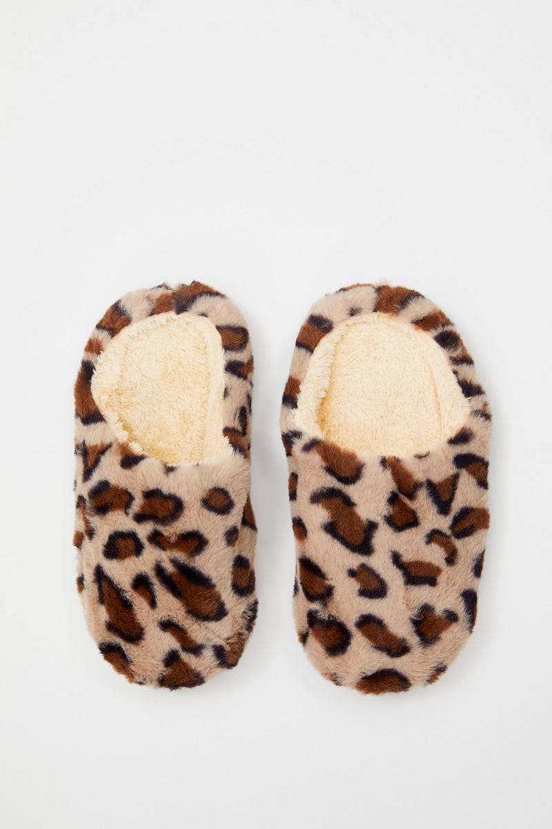 Women's Print Plush Faux Fur Leopard Mule Slippers Ally Fashion