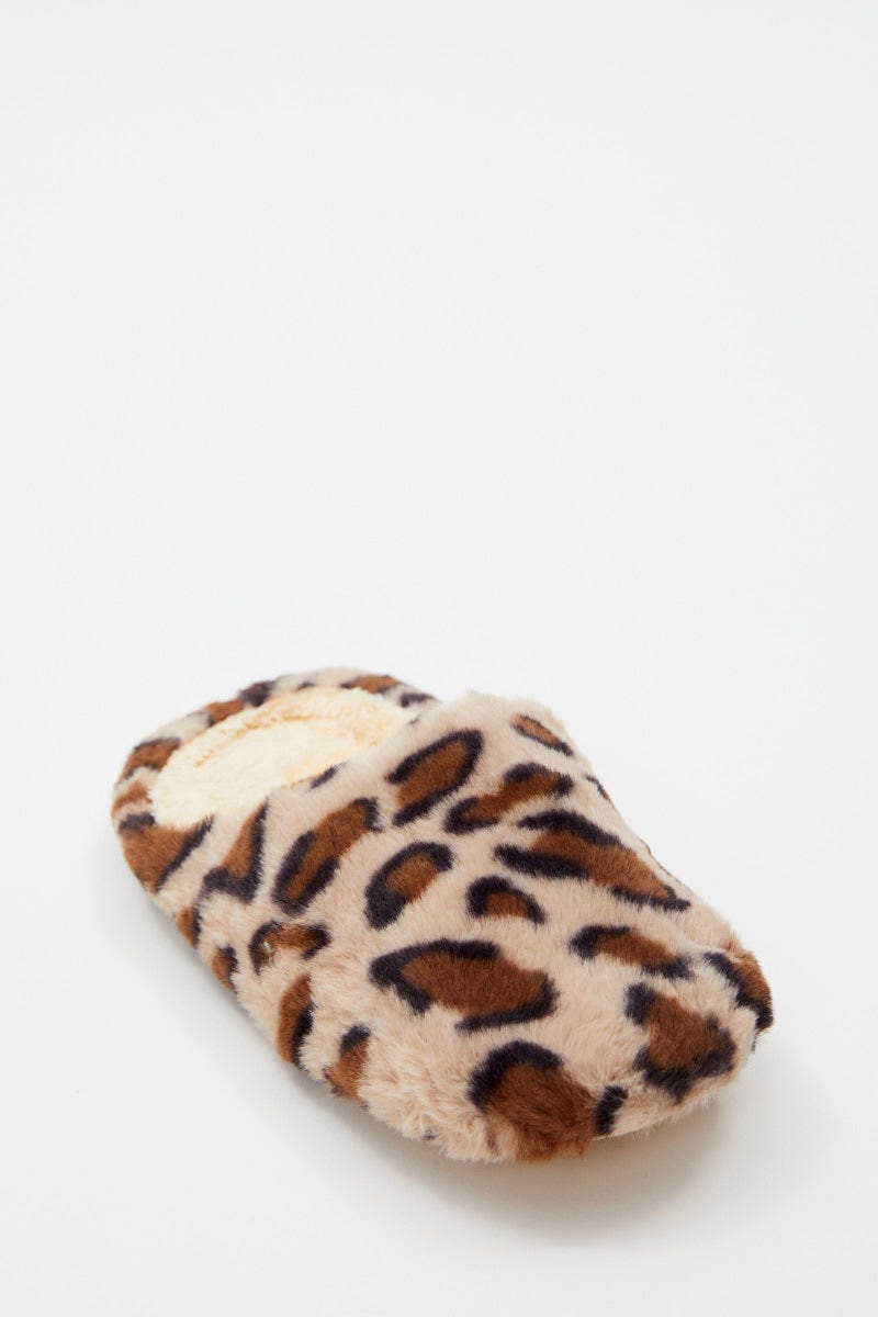 SHOES Print Plush Faux Fur Leopard Mule Slippers for Women by Ally