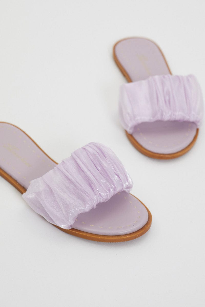 SHOES Purple Ruched Detail Flat Sliders for Women by Ally