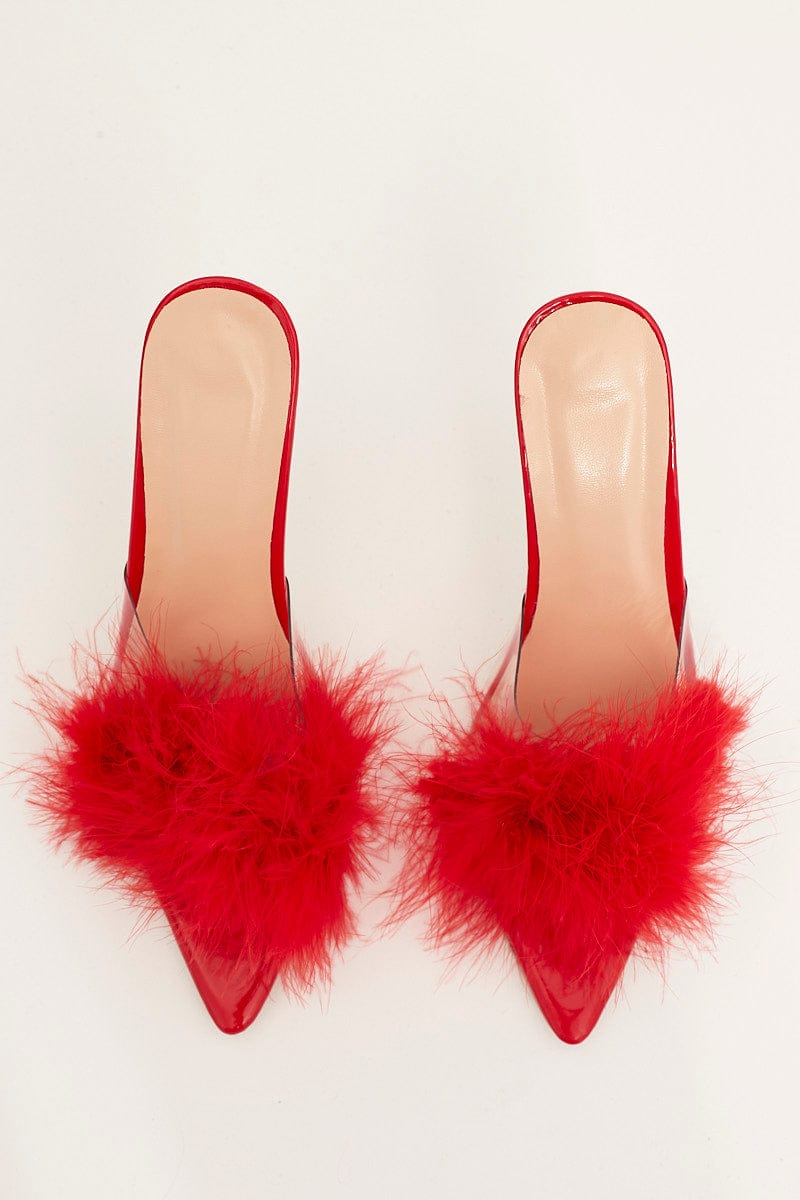 SHOES Red Faux Feather Stiletto Heeled Mule Sandals for Women by Ally