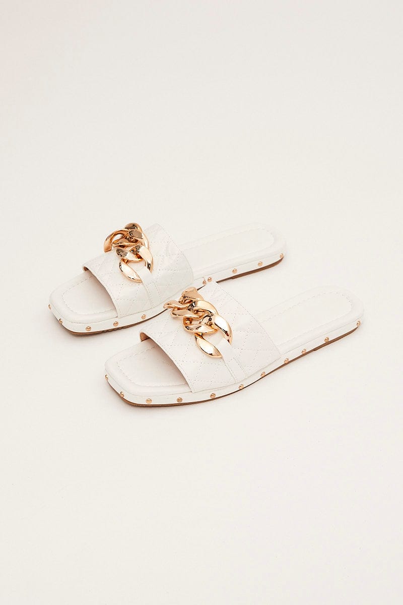 SHOES White Chain Decor Quilted Slides Slippers for Women by Ally