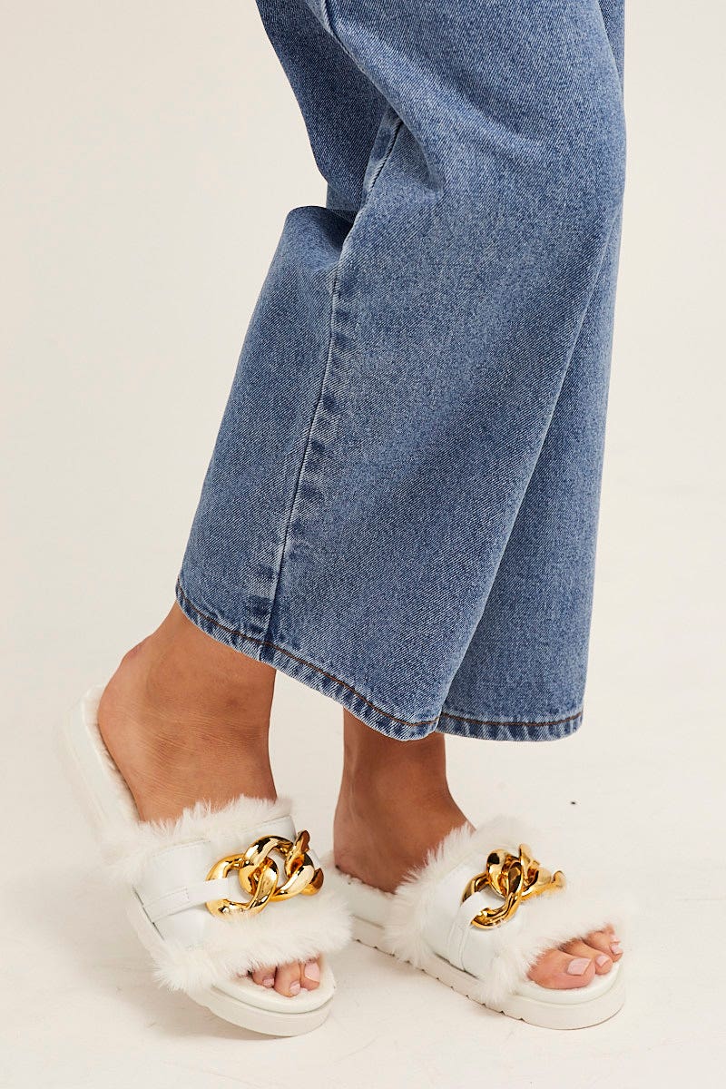 SHOES White Faux Fur Chain Slippers for Women by Ally