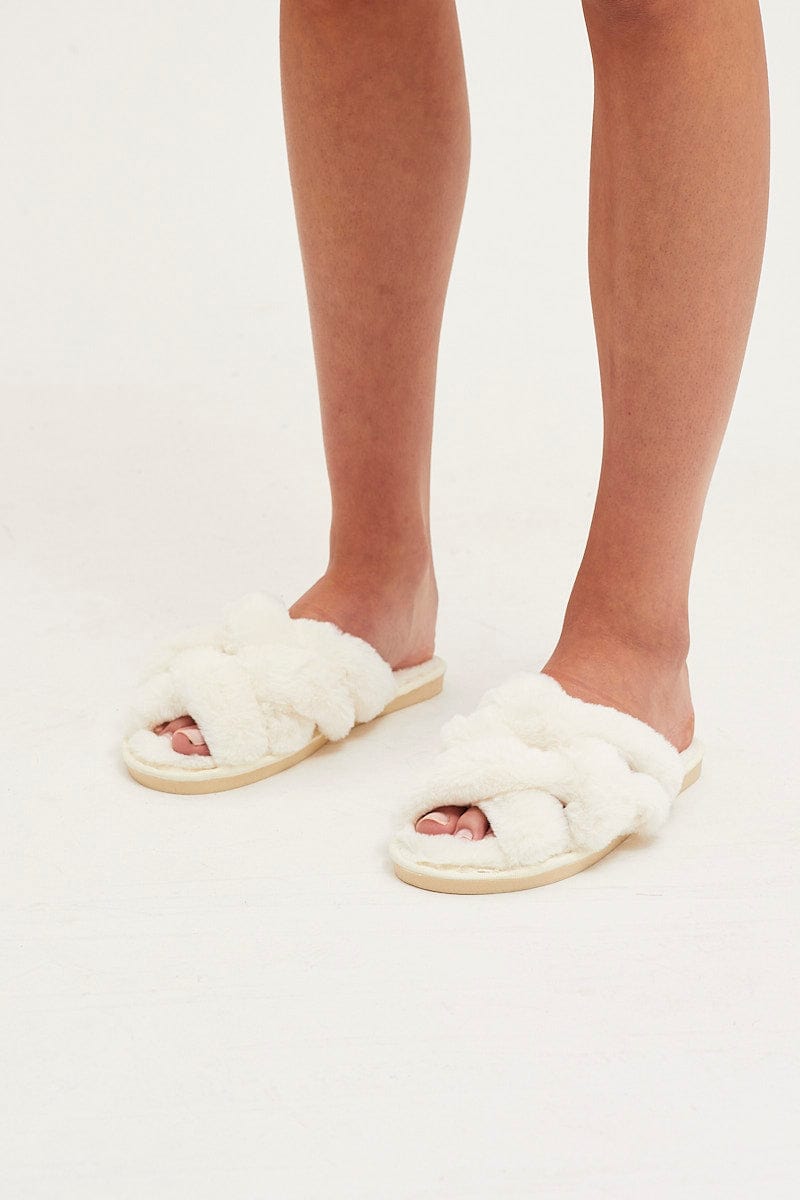 SHOES White Faux Fur Slippers for Women by Ally