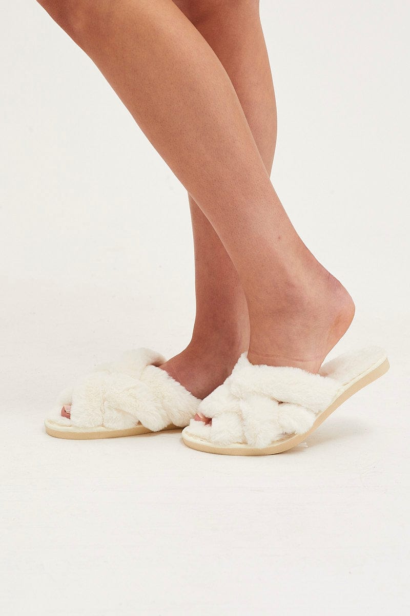 SHOES White Faux Fur Slippers for Women by Ally