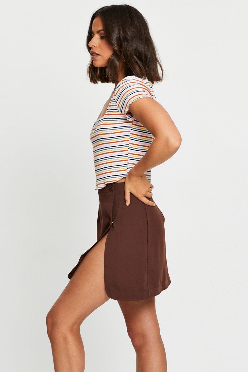 SHORT A LINE Brown High Waist Linen Front Slit for Women by Ally