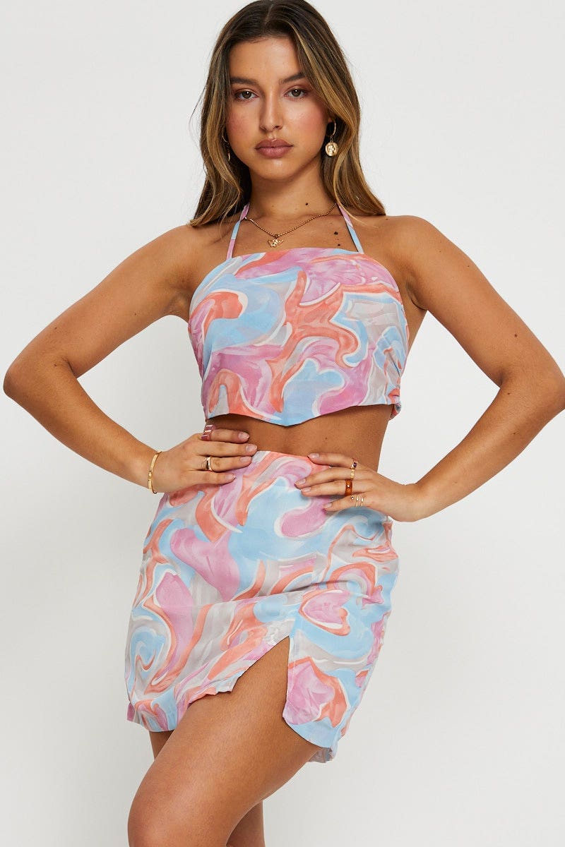 SHORT MW BODYCON Abstract Print Mini Skirt Slit for Women by Ally