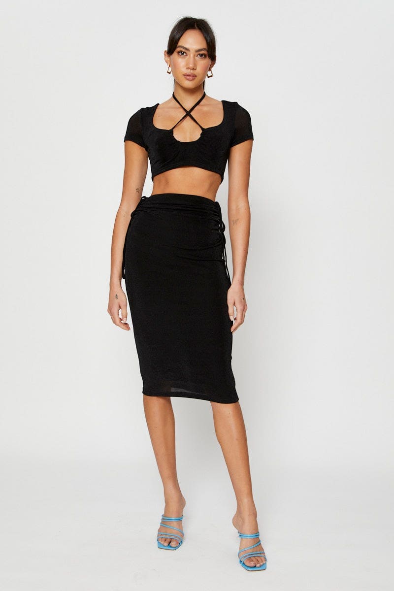 SHORT MW BODYCON Black Midi Skirt Ruched for Women by Ally