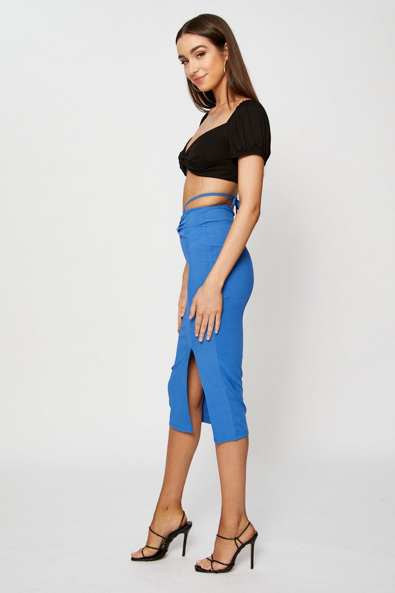 SHORT MW BODYCON Blue Ribbed Bodycon Midi Skirt for Women by Ally