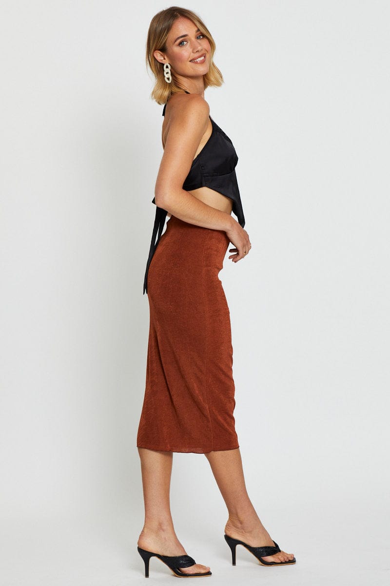 SHORT MW BODYCON Brown Midi Skirt Bodycon for Women by Ally