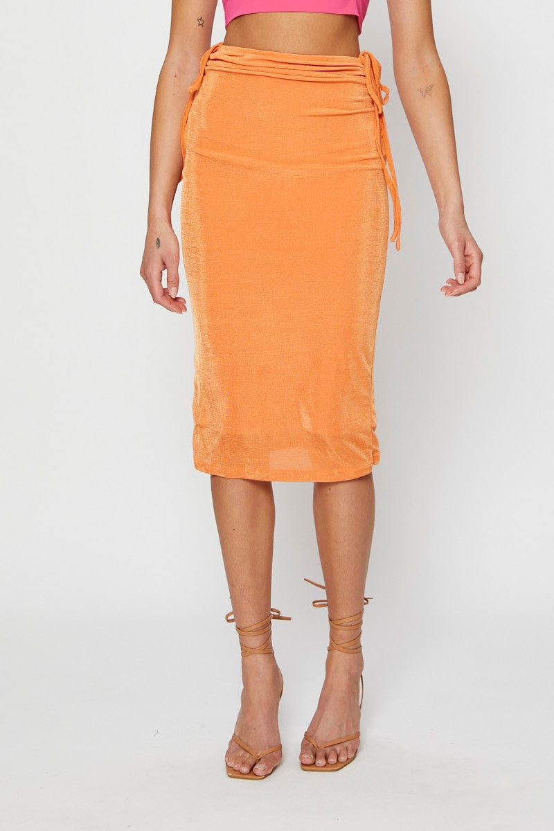 SHORT MW BODYCON Orange Midi Skirt Ruched for Women by Ally