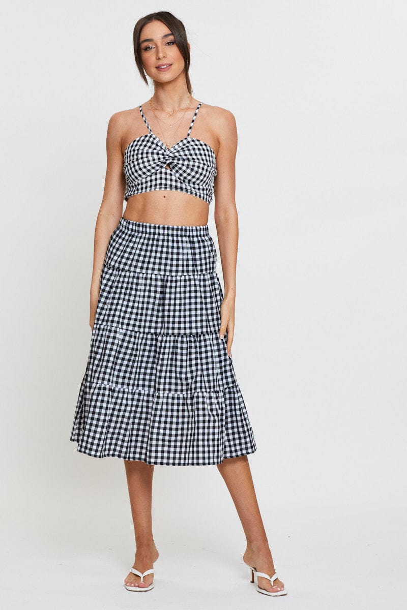 SHORT MW WRAP Check Midi Skirt High Rise Tiered for Women by Ally