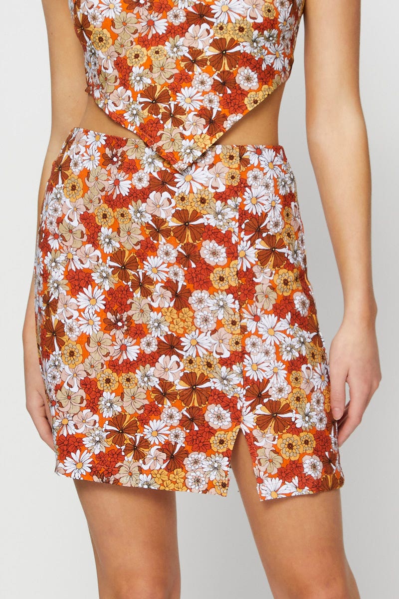 SHORT PENCIL Print Linen Blend Floral Print Front Split Mini Skirt for Women by Ally