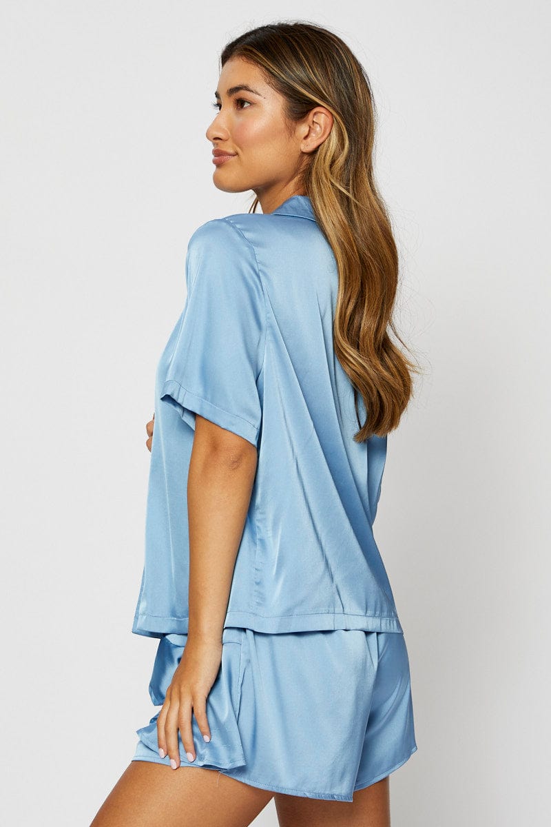 SHORT SETS Blue Satin Pajamas Set Short Sleeve for Women by Ally