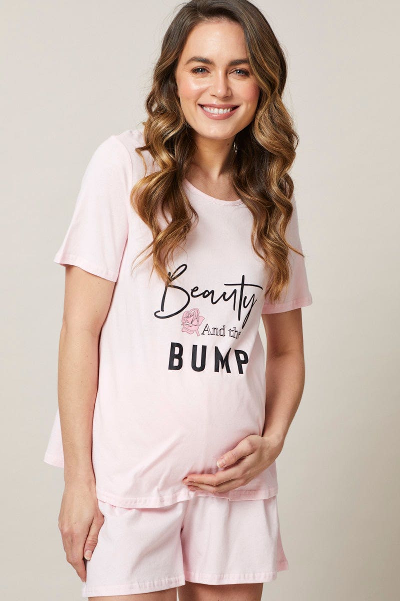 SHORT SETS Pink Maternity Slogan Pyjama Set for Women by Ally