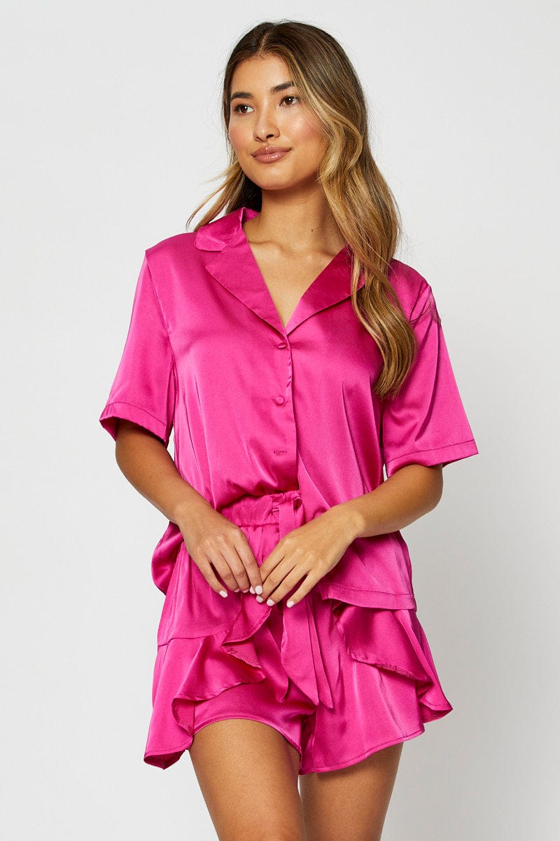 SHORT SETS Pink Satin Pajamas Set Short Sleeve for Women by Ally
