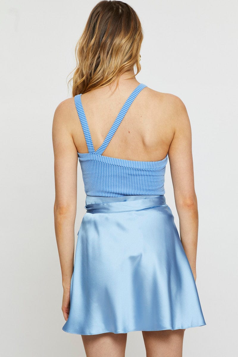 SHORT SKATER Blue Wrap Skirt Mini High Rise Satin for Women by Ally