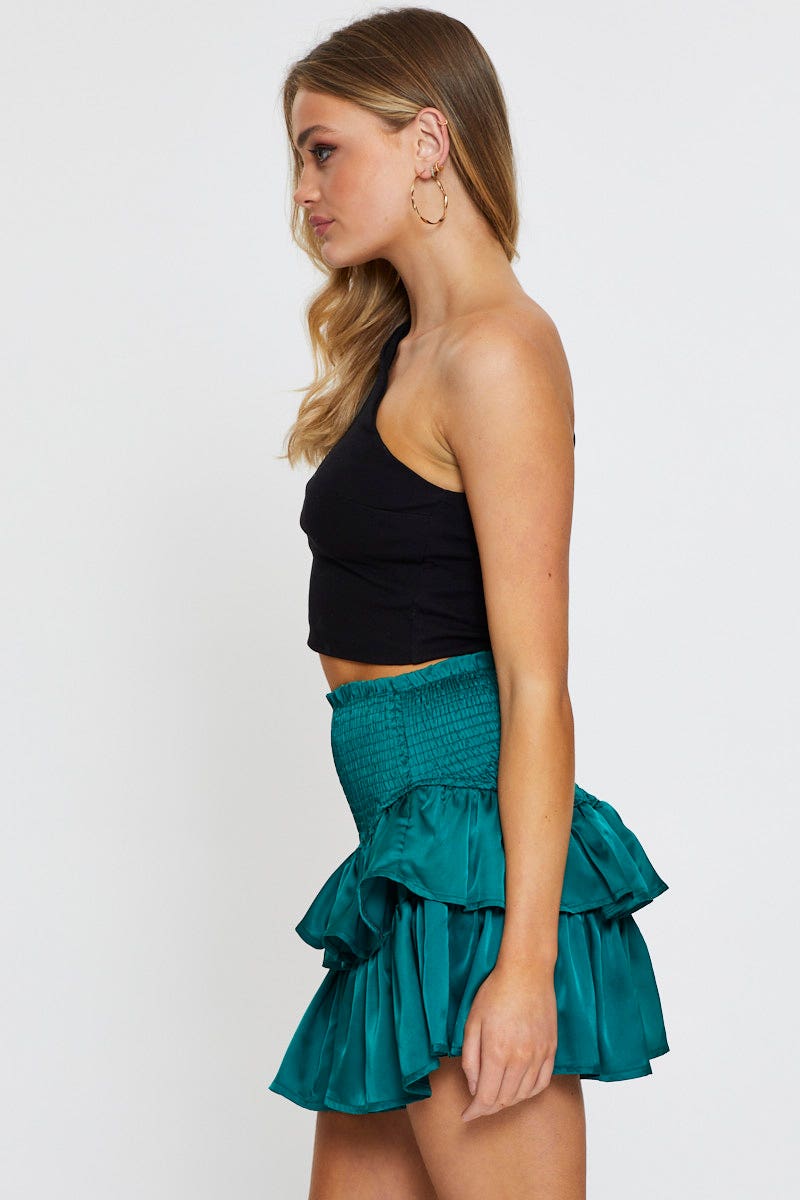 SHORT SKATER Green Mini Skirt Shirred Waist Satin for Women by Ally