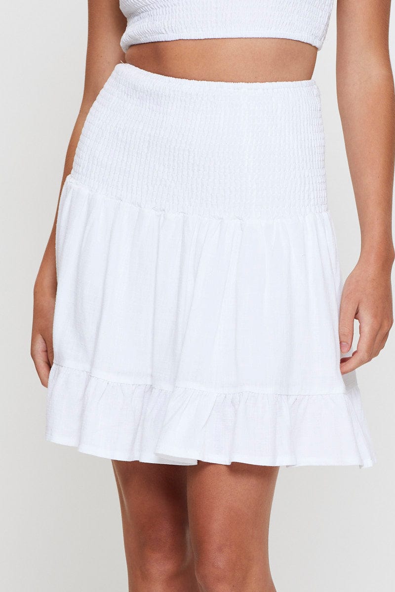 SHORT SKATER White Shirred Skater Mini Skirt for Women by Ally