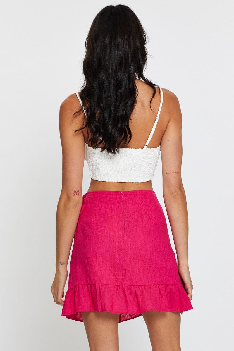 SHORT WRAP Pink Linen Blend Frilled Wrap Mini Skirt for Women by Ally