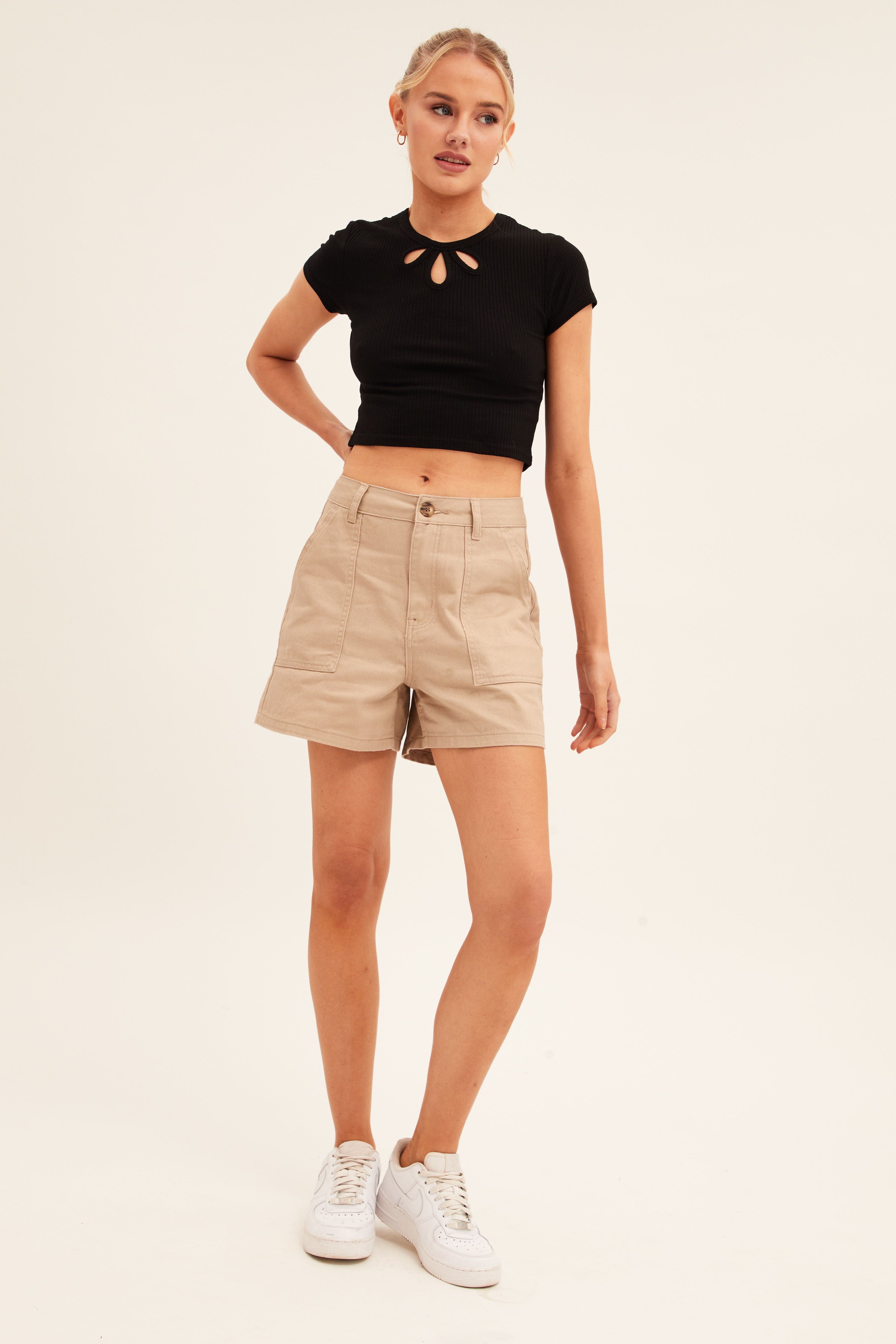 SHORTS Camel Cargo Short High Waist Cotton Twill for Women by Ally