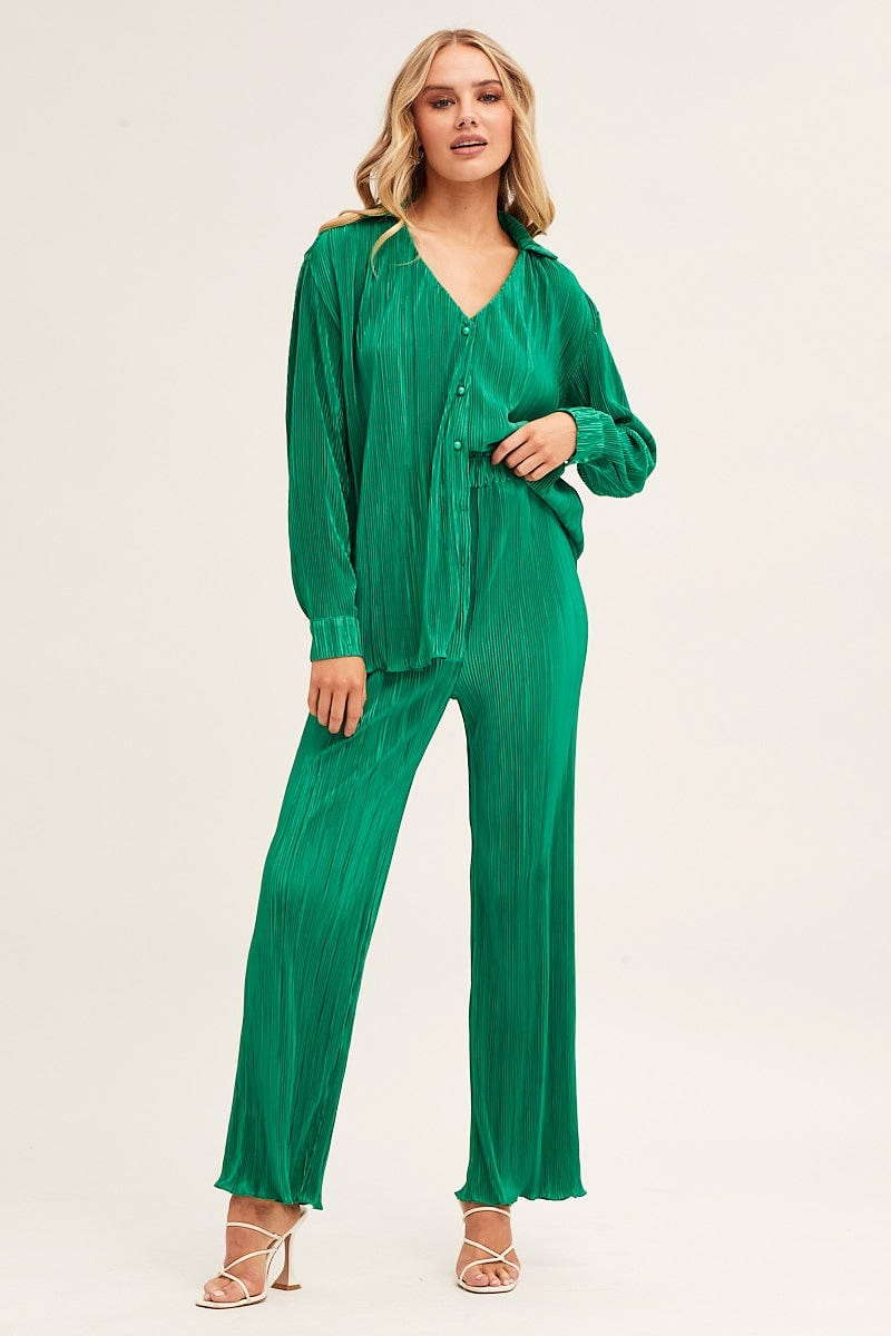 Bright Green Plisse High Waisted Wide Leg Pants