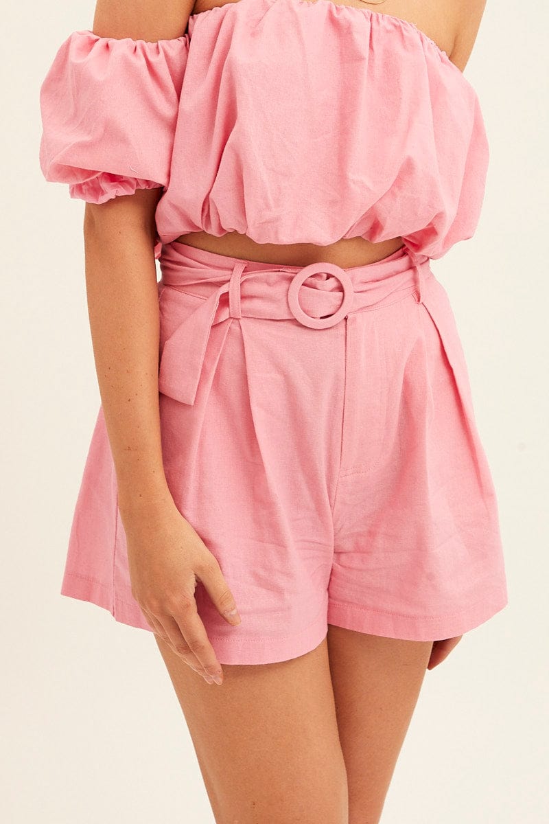 SHORTS Pink Belted Short Pleat Front Detail for Women by Ally