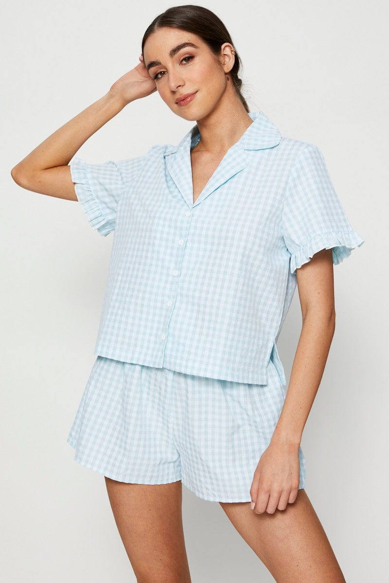 SHRT SLV RGL SET Check Rufflle Sleeve Pajamas Set Short Sleeve for Women by Ally