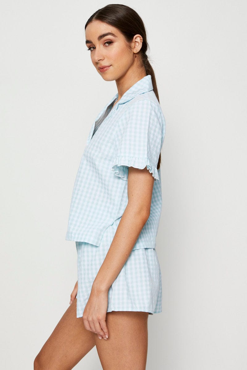 SHRT SLV RGL SET Check Rufflle Sleeve Pajamas Set Short Sleeve for Women by Ally