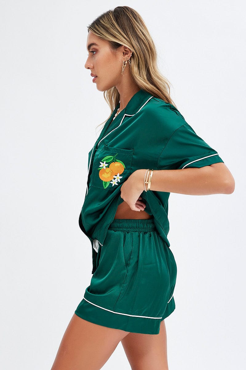 Green Satin Pj Contrast Piping Button Through Pyjama Set for Ally Fashion