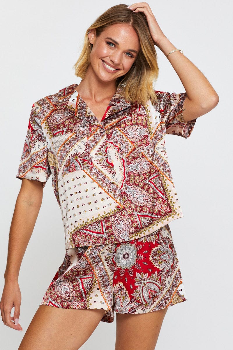 SHRT SLV RGL SET Print Satin Pajamas Set Short Sleeve for Women by Ally