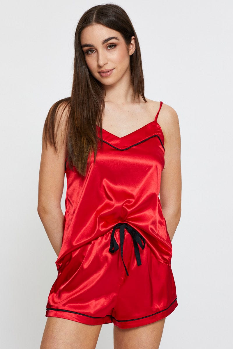 SHRT SLV RGL SET Red Satin Pajamas Set Sleeveless for Women by Ally
