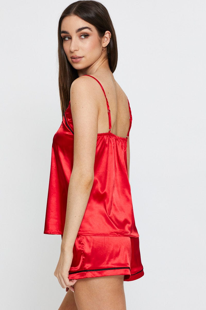 SHRT SLV RGL SET Red Satin Pajamas Set Sleeveless for Women by Ally