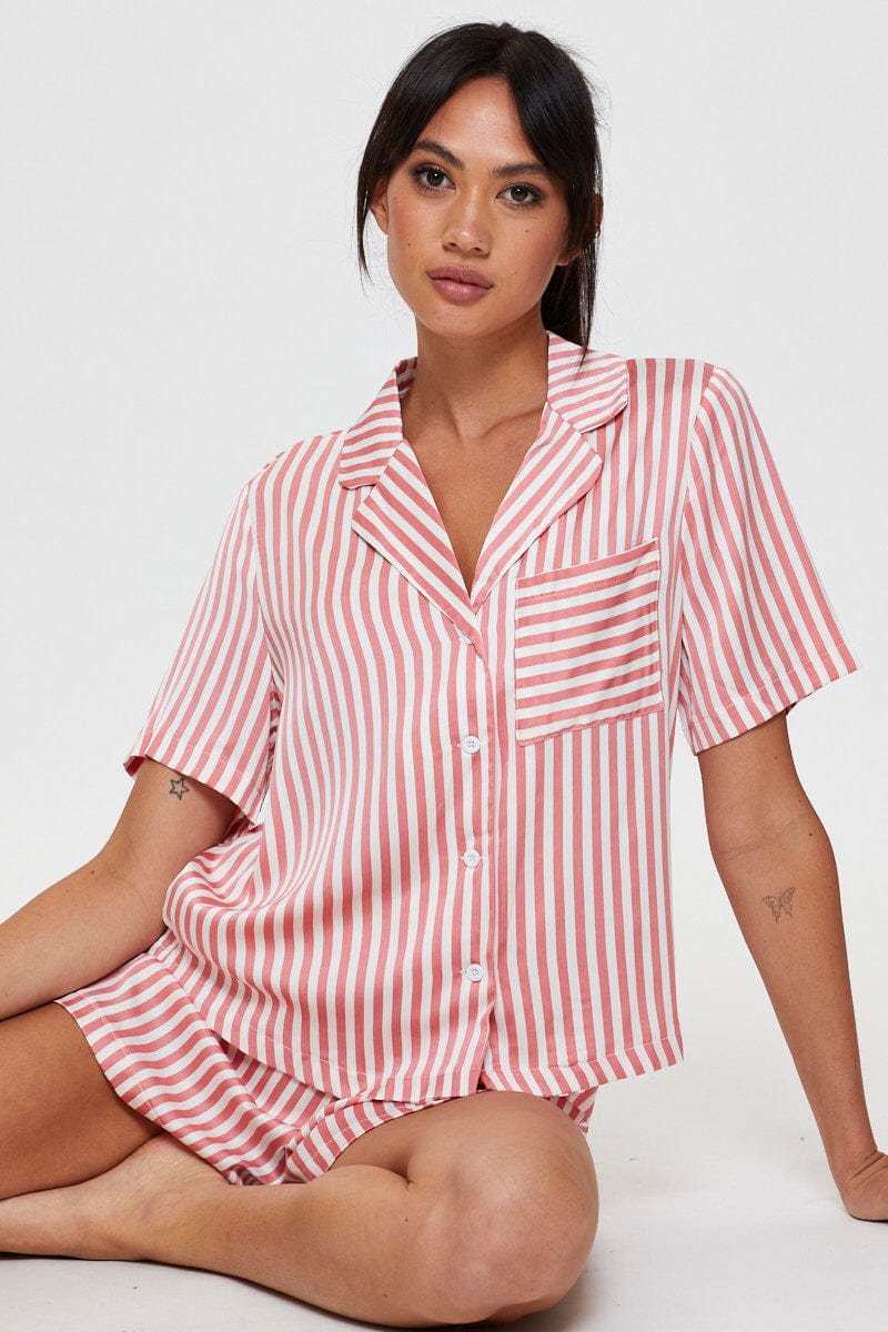SHRT SLV RGL SET Stripe Satin Pajamas Set Short Sleeve for Women by Ally