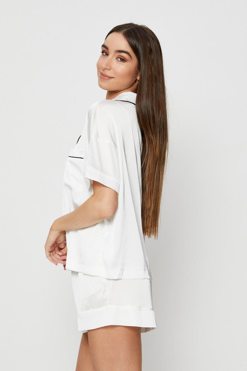 SHRT SLV RGL SET White Contrast Piping Pyjamas Set Satin for Women by Ally