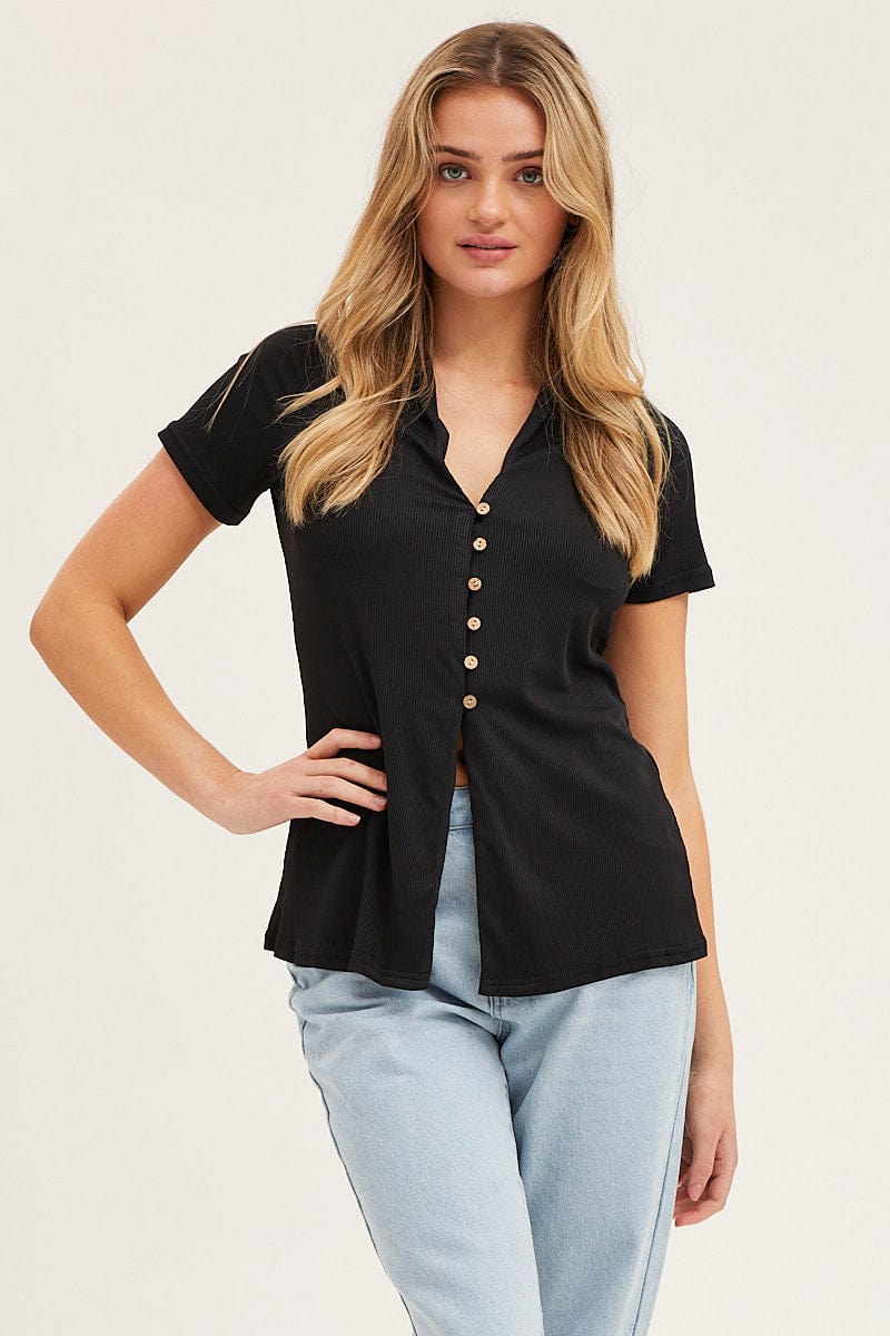 SINGLET Black Button Front Shirt for Women by Ally