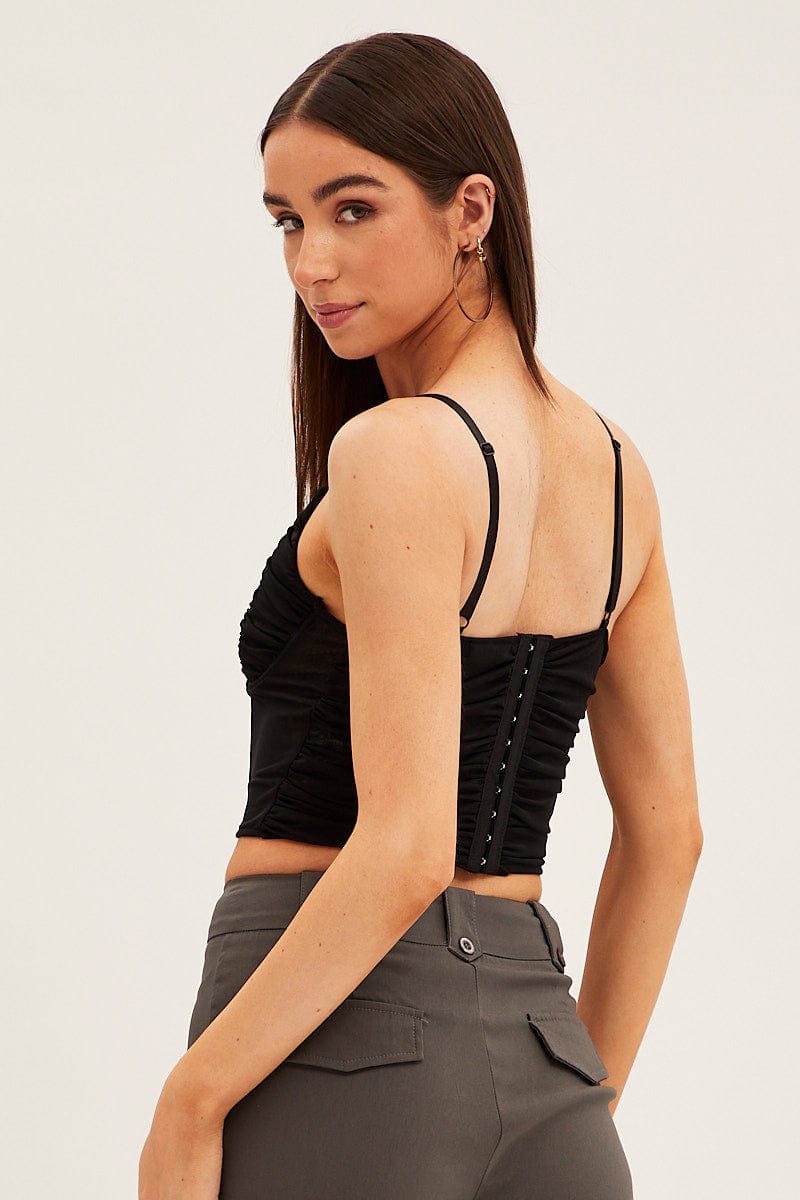 SINGLET Black Corset Top Sleeveless Sweetheart Mesh Crop for Women by Ally