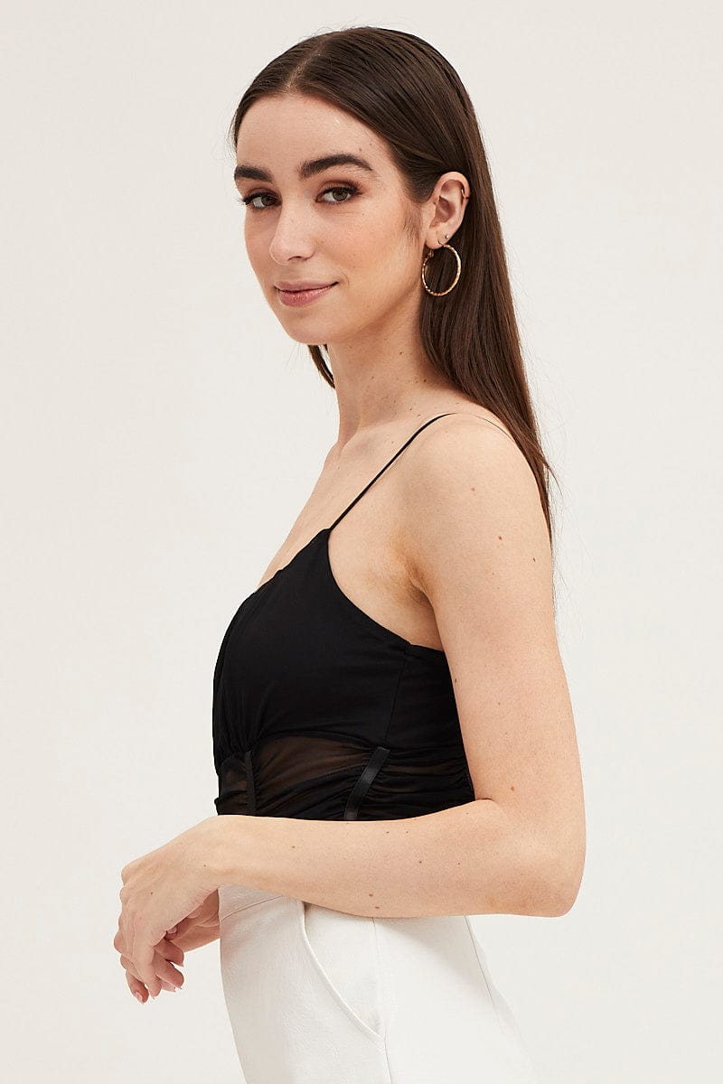 SINGLET Black Sleeveless Corset Look Waist Detail Mesh Bodysuit for Women by Ally