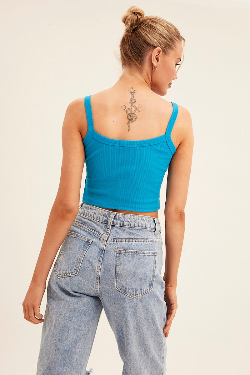 SINGLET Blue Crop Singlet Sleeveless Rib Embroidered for Women by Ally