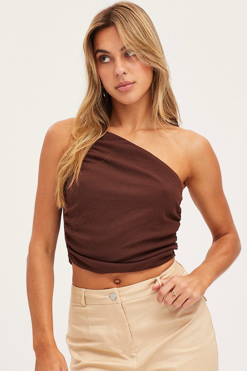 SINGLET Brown Singlet Top One Shoulder for Women by Ally