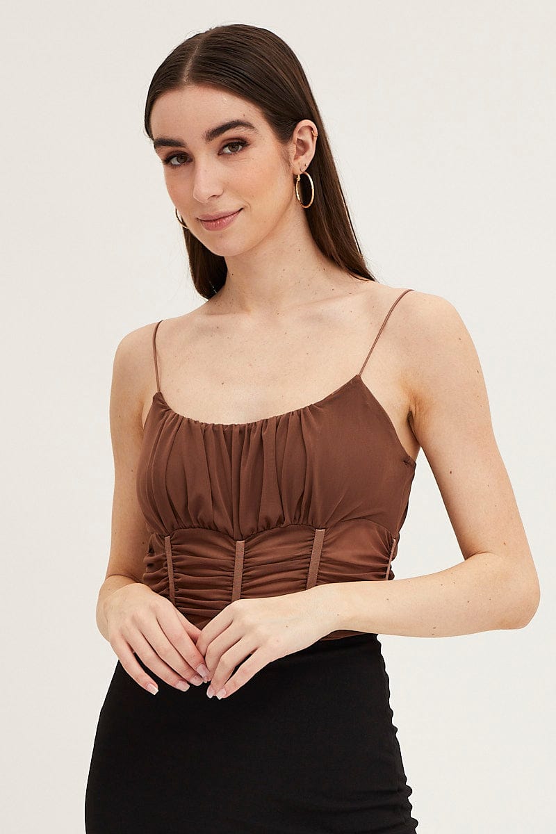SINGLET Brown Sleeveless Corset Look Waist Detail Mesh Bodysuit for Women by Ally