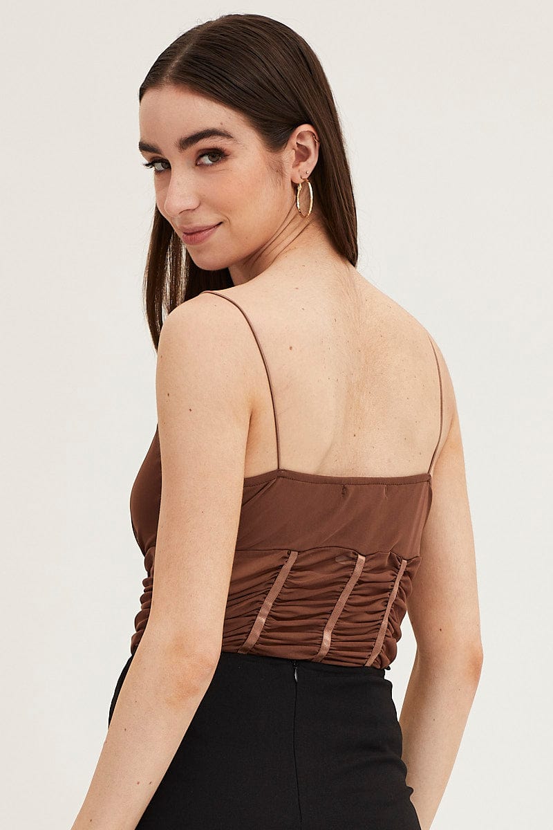 SINGLET Brown Sleeveless Corset Look Waist Detail Mesh Bodysuit for Women by Ally