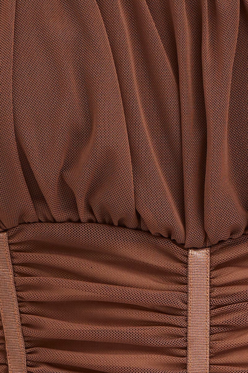 SINGLET Brown Sleeveless Corset Look Waist Detail Mesh Bodysuit for Women by Ally